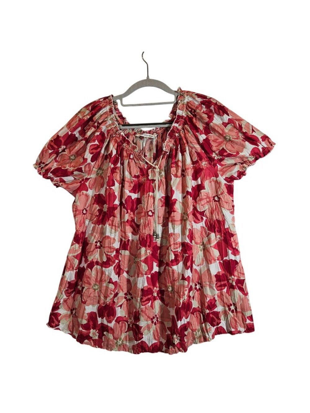 Croft & Barrow Floral Red Pink Peasant Blouse drawstring Womens L Feminine fun